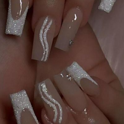 WPR 2024 New Factory Wholesale Price Nude White Glitter French Swirl Drill Long Coffin Acrylic Luxury Press On Nails Design Long Ballerina Gel ReusableArtificial Fingernails Nailart 10 Size 24 Press on Nails Kit with Nail Glue Package Custom Logo Box