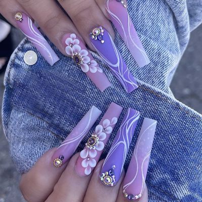 WPR New Fashion Violet Pink Ombre Glossy Gems French Crystal Design Rhinestone Ballerina Acrylic Press On Nails Diamond Press On Nails Long Coffin Artificial Fingernails Nailart 10 Size 24 Press on Nails Kit with Nail Glue Package Custom Logo Box