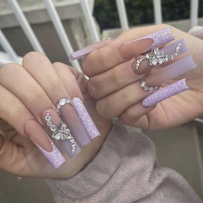 WPR Luxury Purple Pink Ombre Glitter French Crystal Design Acrylic Long Coffin Press On Nails Diamond Press On Nails Design Long Coffin Artificial Fingernails Nailart 10 Size 24 Press on Nails Kit with Nail Glue Package Custom Logo Box