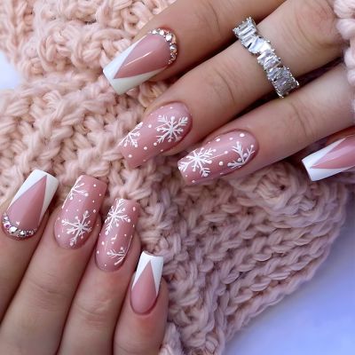 WPR New Christmas Pink Nude White French Snow Flower Crystal GemsDesign Rhinestone Square Acrylic Press On Nails Diamond Press On Nails Medium Squoval Artificial Fingernails Nailart 10 Size 24 Press on Nails Kit with Nail Glue Package Custom Logo Box