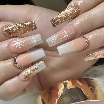 WPR New Glam Christmas Gold Glitter Pink Nude Ombre Snow Rhinestone Chrome Long Coffin Press on nail Tips Press On Nails Design Medium Ballerina Artificial Fingernails Nailart 10 Size 24 Press on Nails Kit with Nail Glue Package Custom Logo Box