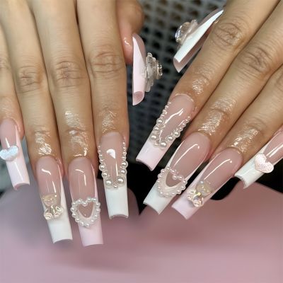 WPR Hot Sell Pink Nude French Star Glitter Heart Pearl Crystal Cherry Long Ballerina Acrylic Press On Nails Diamond Press On Nails Medium Squoval Artificial Fingernails Nailart 10 Size 24 Press on Nails Kit with Nail Glue Package Custom Logo Box