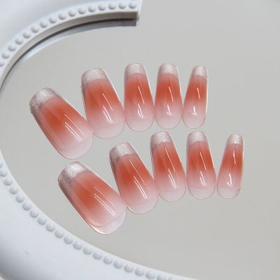 WPR Luxury Hot Sell Nude Pink Glitter Silver French Cat Eye Medium Coffin Press On Nails Ombre Press On Nails Design Medium Ballerina Artificial Fingernails Nailart 10 Size 24 Press on Nails Kit with Nail Glue Package Custom Logo Box