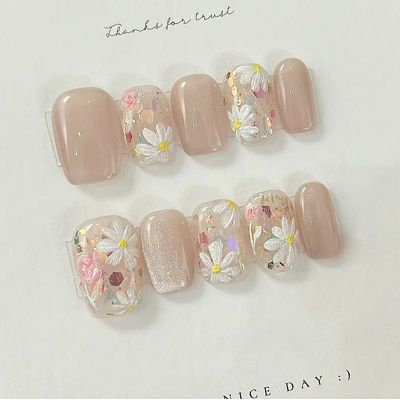 WPR Factory Spring Best Seller Pink Nude Glitter White Daisy Flower Chrome Medium Square Cat Eye nail Tips Press On Nails Design Medium Squoval French Artificial Fingernails Nailart 10 Size 24 Press on Nails Kit with Nail Glue Package Custom Logo Box