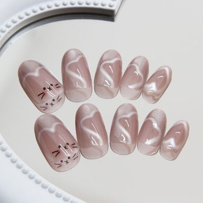 WPR New Fashion Pink Nude White Swirl Glitter Cat Eye Design Oval Square Acrylic Press On Nails Short Rounded Press On Nails Medium Squoval Artificial Fingernails Nailart 10 Size 24 Press on Nails Kit with Nail Glue Package Custom Logo Box