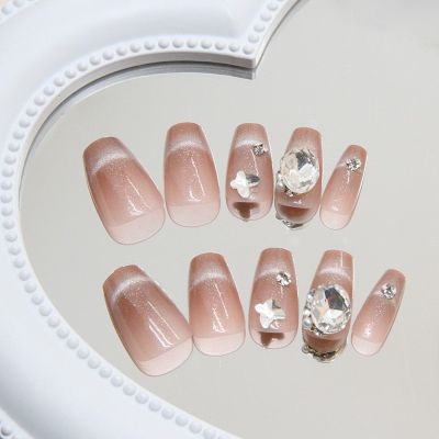 WPR Factory Wholesale PinkBlink Shinny Big Crystal Butterfly Cat Eye Medium Square Coffin Acrylic Luxury Press On Nails Design Medium Ballerina Luxury Artificial Fingernails Nailart 10 Size 24 Press on Nails Kit with Nail Glue Package Custom Logo Box