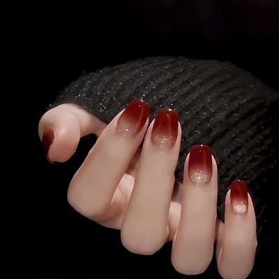 WPR Luxury High Quality Red Marble Ombre Glitter Medium Square Cat Eye Press On Medium Coffin Acrylic Press On Nails Reusable Nails Medium Ballerina Artificial Fingernails Nailart 15 Size 30 Press on Nails Kit with Nail Glue Package Custom Logo box