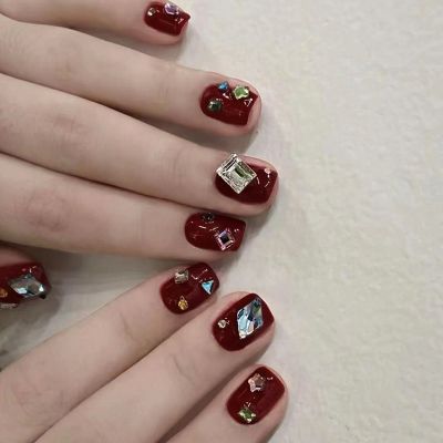 WPR New Hot Sell Red Glitter Crystal Gems Rhinestone Chrome Short Square Press on nail Tips Press On Nails Design Squoval French Artificial Fingernails Nailart 10 Size 24 Press on Nails Kit with Nail Glue Package Custom Logo Box