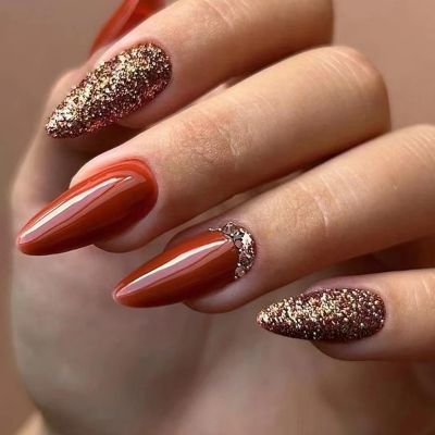 WPR Factory Hot Sell Orange Gold Glitter Rhinestone Gems Chrome Short Almond Press on nail Tips Press On Nails Design Short Almond Luxury Artificial Fingernails Nailart 10 Size 24 Press on Nails Kit with Nail Glue Package Custom Logo Box