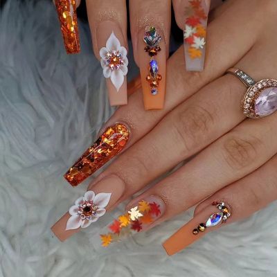 WPR Luxury Orange Glitter White French Drill Maple Leaves Flower Rhinestone Long Coffin Acrylic Press On Nails Diamond Press On Nails Long Ballerina Artificial Fingernails Nailart 10 Size 24 Press on Nails Kit with Nail Glue Package Custom Logo Box