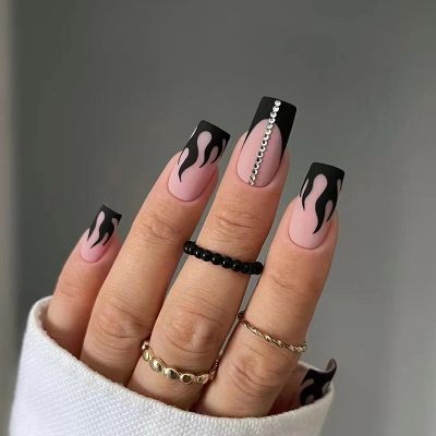 WPR Hot Luxury Grace Pink Mate Black Flam French Drill Gems Chrome Medium Square Jewelry Press on nails Press On Nails Design Medium Ballerina Luxury Artificial Fingernails Nailart 10 Size 24 Press on Nails Kit with Nail Glue Package Custom Logo Box