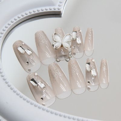 WPR Factory Luxury White Butterfly Grey Ombre Glitter Crystal Chrome Medium Coffin Acrylic Diamond Press On Nails Design Medium Ballerina French Artificial Fingernails Nailart 10 Size 24 Press on Nails Kit with Nail Glue Package Custom Logo Box