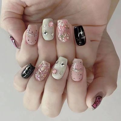 WPR Blink White Pink Black Silver Stars Glitter Crystal Design Rhinestone Ballerina Acrylic Press On Nails Diamond Press On Nails Short Coffin Square Artificial Fingernails Nailart 10 Size 24 Press on Nails Kit with Nail Glue Package Custom Logo Box